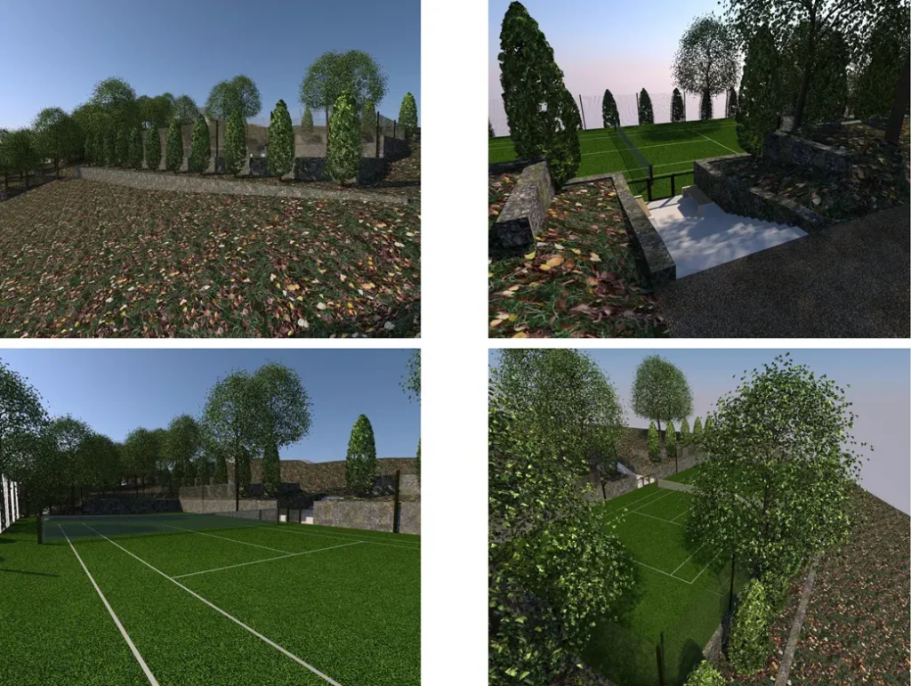 Construction d'un cours de tennis à Montauroux par APC Architectes à Callian Le terrain s’implante sur une partie de la propriété sur laquelle la végétation est la moins dense et la présence d’arbre la plus faible. La topographie de la zone permet d’effectuer le nivellement nécessaire à l’implantation du court de tennis sans avoir à effectuer de terrassements trop importants. Afin de s’inscrire dans le site naturel et boisé, les murs de restanques sont en pierres sèches.